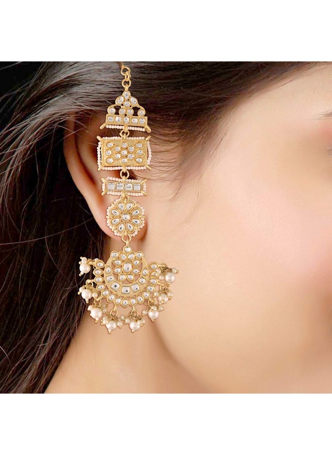I Jewels I Jewels 18K Gold Plated Zinc Alloy Matte Finish Kundan and Pearl Work Chandbali Earrings for Women (White -1)  - Image 2