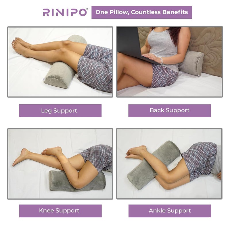 RINIPO Half Moon Memory Foam Pillows Multipurpose Orthopedic Pillow Head Back Knee Leg and Neck Support Pillow for Sleeping with Removable Zipper Cover 22x8x4 Inches Velvet Grey - Image 3