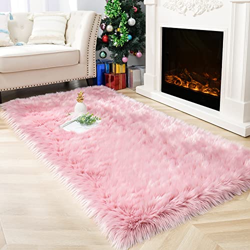 Noahas Fluffy Pink Rugs for Bedroom GirlsFaux Fur Rug2x6 Long Hallway Runner RugFaux Sheepskin RugWashable Fuzzy CarpetShaggy Area Rugs for Living Room Decor