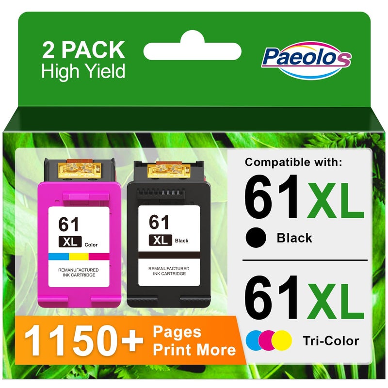 Paeolos حزمة خراطيش حبر 61XL باللونين الأسود والملون بديل عالي الإنتاجية لخراطيش حبر HP 61 لخراطيش HP 61 XL لحبر HP 61 لطابعة Envy 4500 Ink 5530 4502 OfficeJet 4630 Deskjet 2540 3510 (عبوة 2)  - Image 1