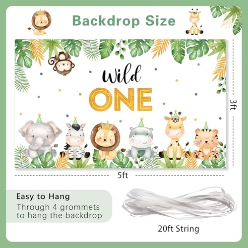 Heboland Wild One Backdrop Banner Birthday Decorations for Boys,Large Size 3 x 5Ft Jungle Safari Cute Animals 1st First Party Supplies - Image 3