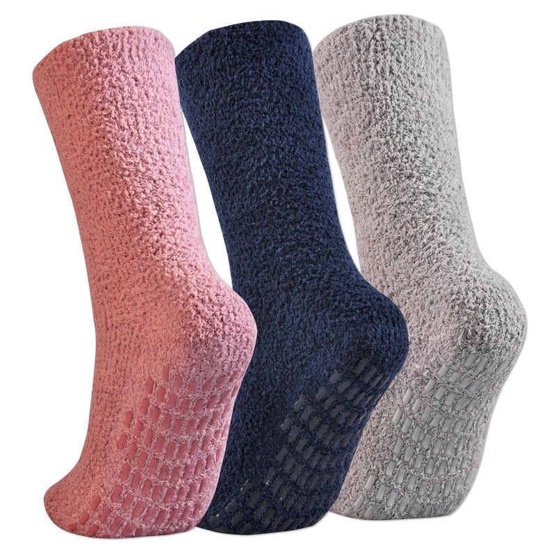 JORMATT 3 Pairs Women Grip Fuzzy Socks Non Skid Men Thick Cozy Slipper Hospital Socks with Grips,Men shoe size 4-7/Women size 4-8 - Image 1