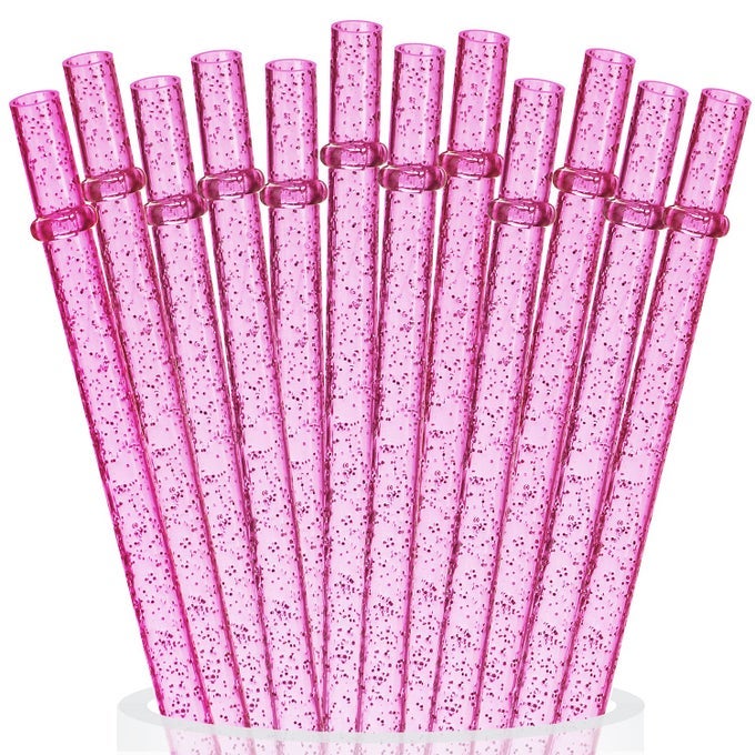 12PCS REUSABLE CLEAR PINK GLITTER STRAWS 11 LONG HARD PLASTIC TUMBLER DRINKING STRAWS WITH CLEANING BRUSH