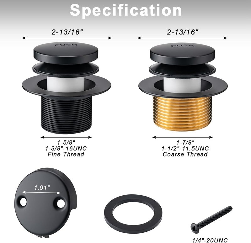 BOOMIBOO Bathtub Drain Tip-Toe Trim Set with Two-Hole Overflow Faceplate, Bath Tub Drains Conversion Kit with Universal Fine/Coarse Thread, Replacement Bathtub Drain Stopper Assembly, Matte Black - Image 5