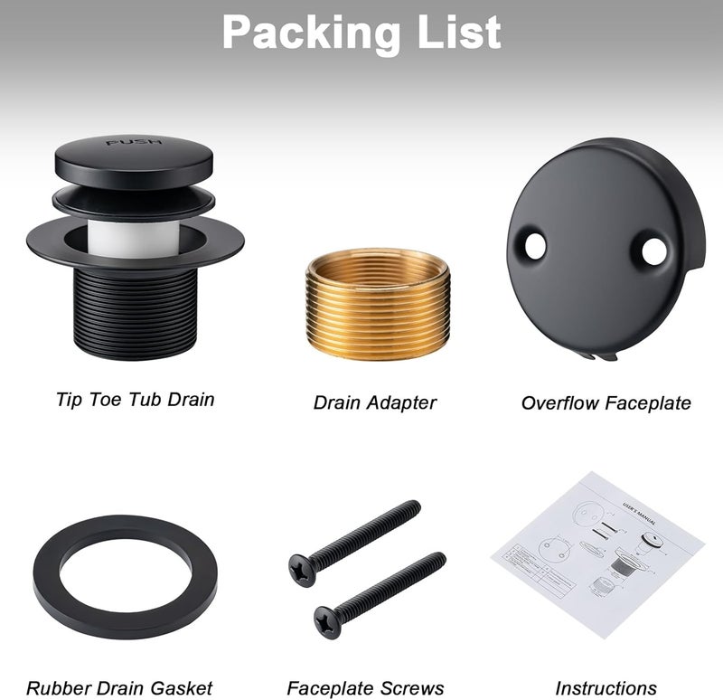 BOOMIBOO Bathtub Drain Tip-Toe Trim Set with Two-Hole Overflow Faceplate, Bath Tub Drains Conversion Kit with Universal Fine/Coarse Thread, Replacement Bathtub Drain Stopper Assembly, Matte Black - Image 4