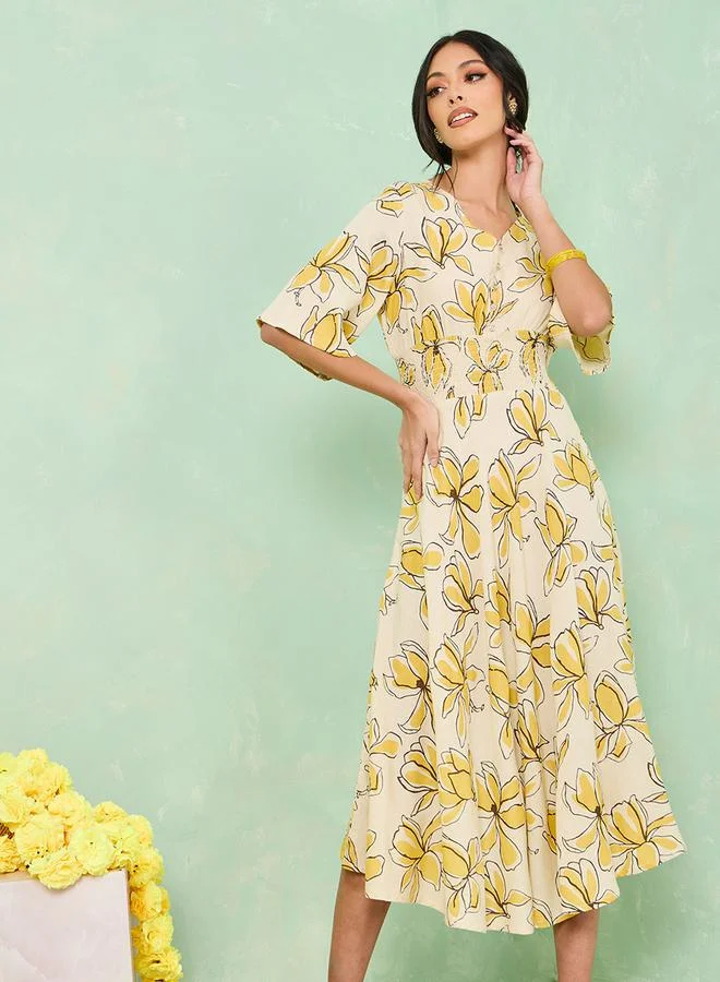 ستايلي Floral Print V Neck A-Line Midi Dress