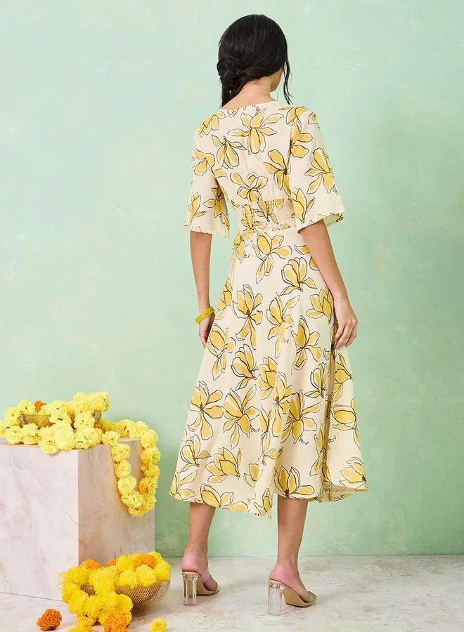 ستايلي Floral Print V Neck A-Line Midi Dress