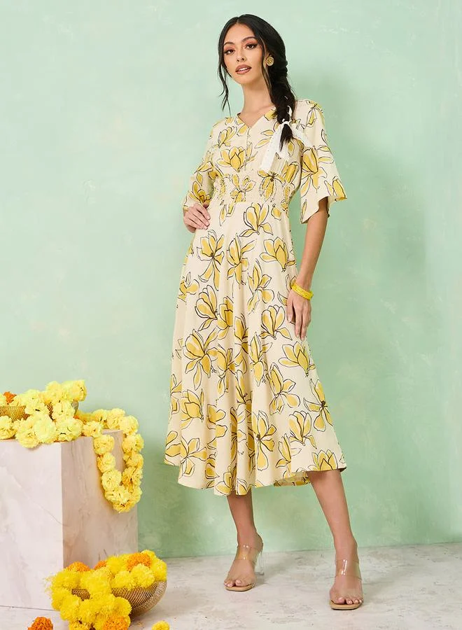 ستايلي Floral Print V Neck A-Line Midi Dress