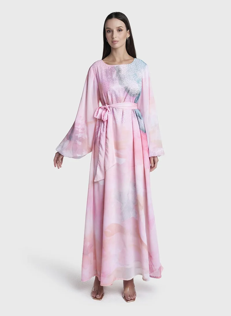 Kashkha Pink Abstract Printed Georgette Maxi Dress (VDX20)