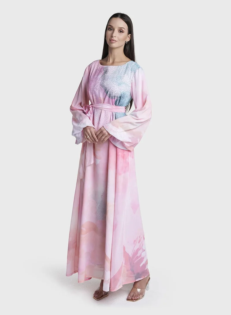 Kashkha  Pink Abstract Printed Georgette Maxi Dress (VDX20) for Women | Best Price UAE