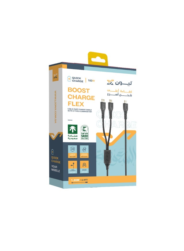 ليون اكس كابل شحن ونقل بيانات سريع 2 في 1 (Type-C) من ليون إكس بقوة 100 واط، 1.2 متر - اسود صناعة سعودية - Image 3