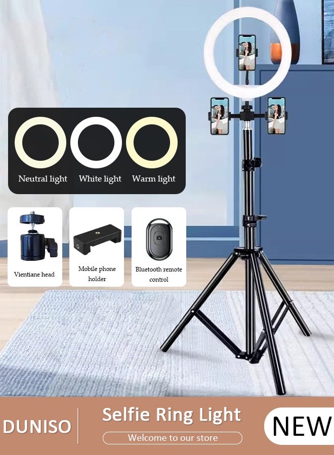 DUNISO حلقة ضوء سيلفي مع حامل ثلاثي، حامل هاتف محمول مع بلوتوث، حامل بث مباشر للهاتف للاستخدام الخارجي والداخلي، حامل بث مباشر مع حامل ثلاثي وحامل هاتف، ضوء ثلاثي الألوان لفيديو سيلفي مباشر Vlog - Image 1
