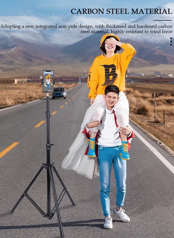 DUNISO حلقة ضوء سيلفي مع حامل ثلاثي، حامل هاتف محمول مع بلوتوث، حامل بث مباشر للهاتف للاستخدام الخارجي والداخلي، حامل بث مباشر مع حامل ثلاثي وحامل هاتف، ضوء ثلاثي الألوان لفيديو سيلفي مباشر Vlog - Image 3