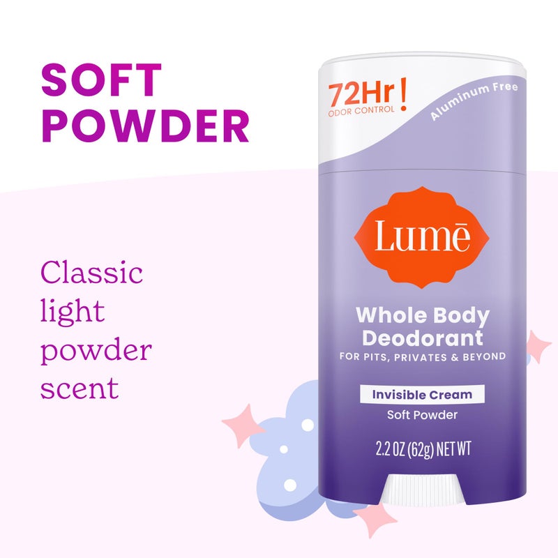 Lume Whole Body Deodorant - Invisible Cream Stick - 72 Hour Odor Control - Doctor Developed - Aluminum Free, Baking Soda Free and Skin Loving - 2.2 Ounce (2 pack) (Soft Powder & Clean Tangerine) - Image 3