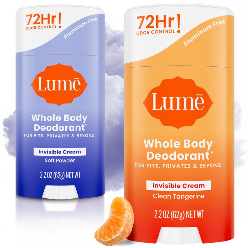 Lume Whole Body Deodorant - Invisible Cream Stick - 72 Hour Odor Control - Doctor Developed - Aluminum Free, Baking Soda Free and Skin Loving - 2.2 Ounce (2 pack) (Soft Powder & Clean Tangerine) - Image 1