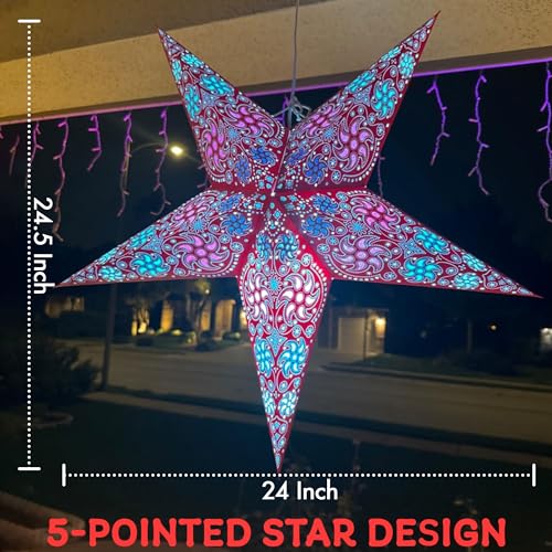 GalaxyArts Paper Star Lanterns, 24 Inch Red Chakra 3D Light-Up Hanging Lamp, Handcrafted Hollow Out 5-Point Star Decoration for Christmas, Wedding, Birthday, Parties, Indoor Outdoor Holiday Home Décor - Image 2