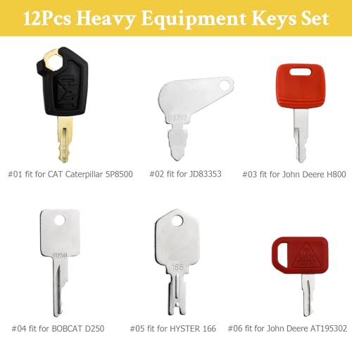 Tecreddy 12 Heavy Equipment Keys Construction Key Master Set for Cat Caterpillar John Deere Komatsu Bobcat Hyster Takeuchi Case Kobelco Lucas New Holland Keys Heavy Equipment Machine - Image 3