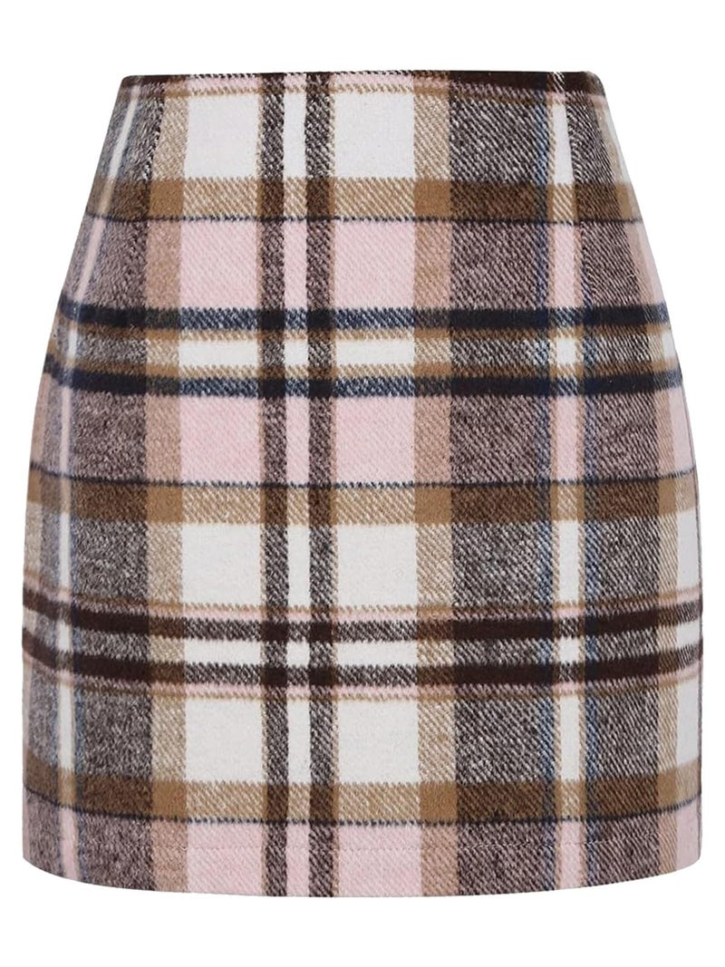 onlypuff Plaid Skirts for Women High Waisted Mini Skirts Ladies Fall Fashion Outfits Bodycon Above The Knee Dress Pink L - Image 1