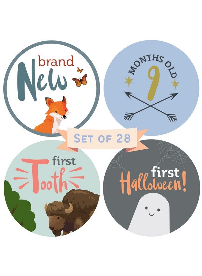 RubyRoo Baby Milestone Stickers - Monthly Stickers for Boy - 28 Pack - Includes 12 Monthly,1st Year Milestones & First Holidays - Perfect Baby Shower & Newborn Birthday Gift (Woodland) - Image 1