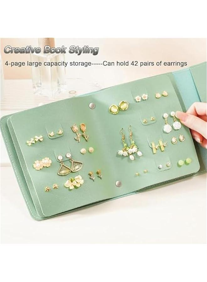 HOOKOR Earring Organizer Book Design Earring Holder Travel Jewelry Storage Case Tray Holder, Portable Pu Leather Travel Earring Case (Green) - Image 4