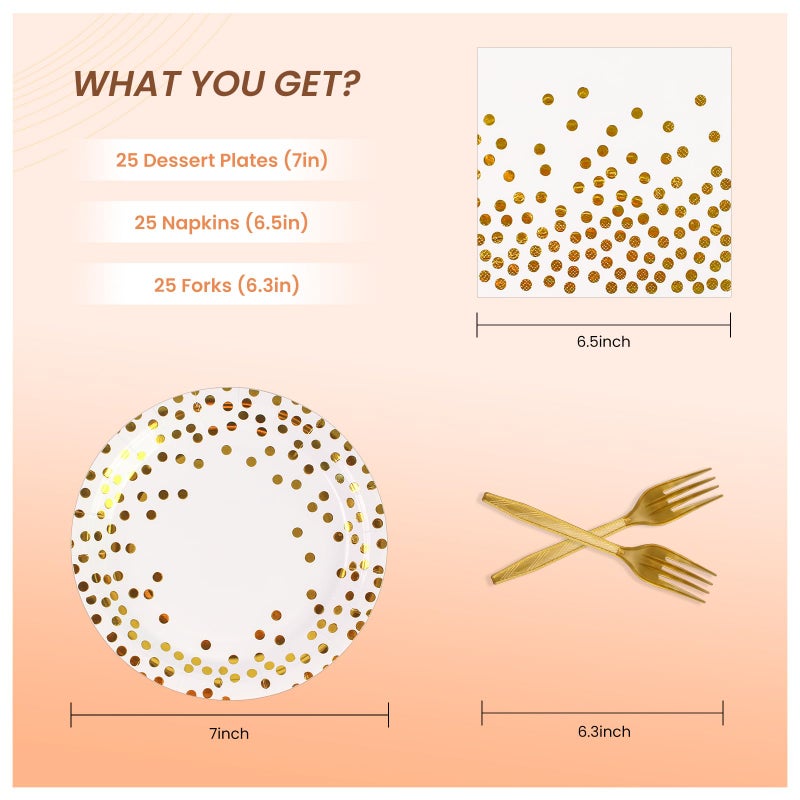 PUEVENYI 75PCS Paper Plates and Napkins Set - White and Gold Dot Disposable Party Dinnerware Includes Paper Plates, Napkins, Forks Decorations for 2026 New Year, Birthday, Wedding and Holiday, Serves 25 - Image 2