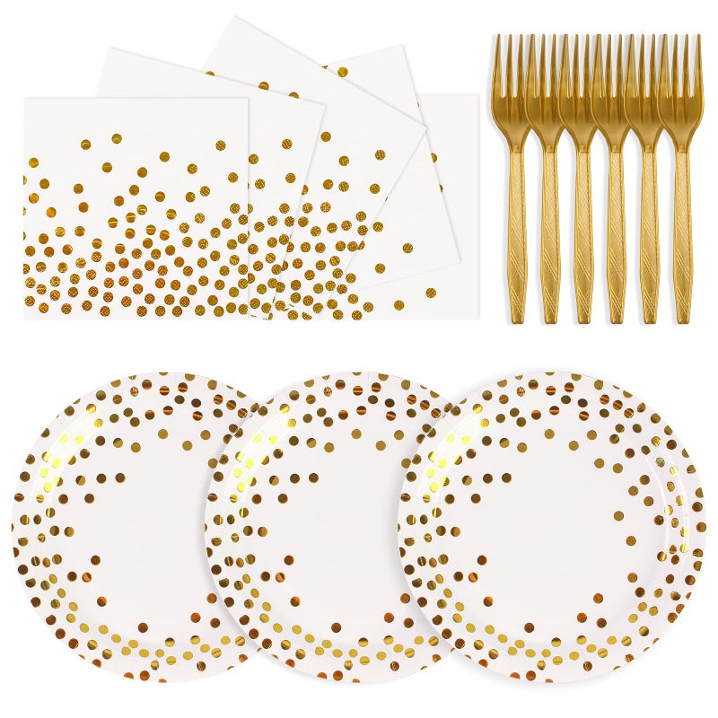 PUEVENYI 75PCS Paper Plates and Napkins Set - White and Gold Dot Disposable Party Dinnerware Includes Paper Plates, Napkins, Forks Decorations for 2026 New Year, Birthday, Wedding and Holiday, Serves 25 - Image 1