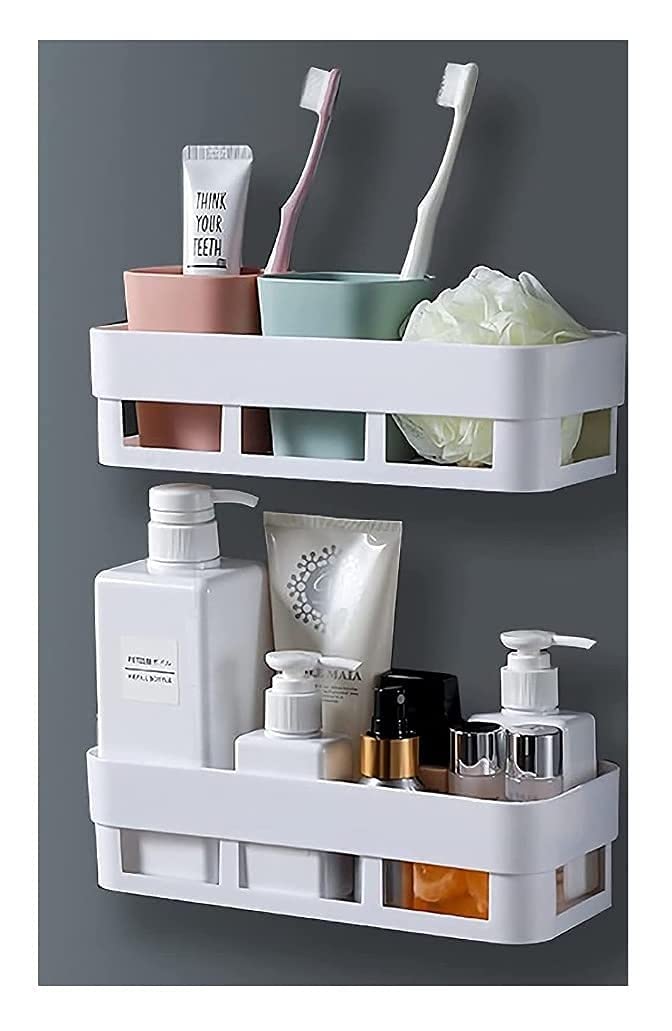 JELLEX ABS Plastic Multipurpose Kitchen Bathroom Shelf Wall Holder Storage Box Strong Magic Sticker Shower Rack - (Multi Color) (Set of 2) - Image 1