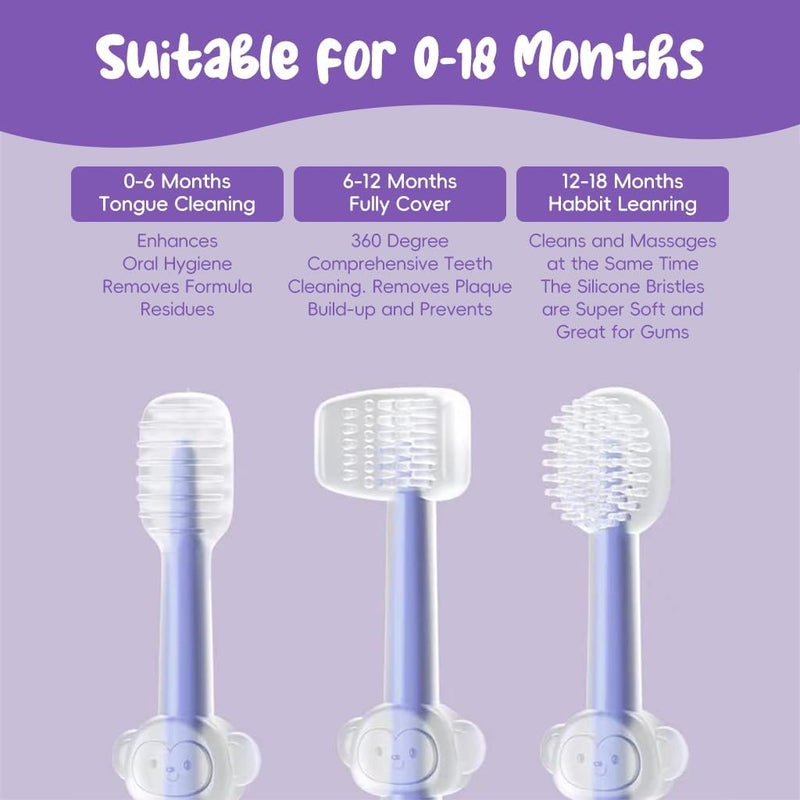 BLIXAR 3 Steps Silicone Baby Training Toothbrush Set - Tongue Cleaner & U Shaped Toothbrush for Kids Oral Care With Travel Case (Purple), Manual - Image 4