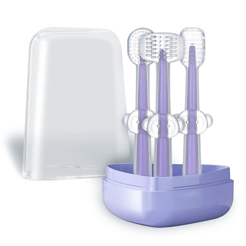 BLIXAR 3 Steps Silicone Baby Training Toothbrush Set - Tongue Cleaner & U Shaped Toothbrush for Kids Oral Care With Travel Case (Purple), Manual - Image 1