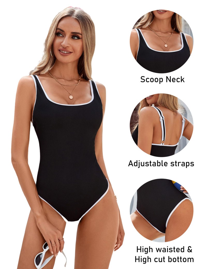 BMJL Women's One Piece Swimsuit Sports Adjustable Strap Bathing Suit Color Block Ribbed High Cut Swimsuits(XL,Black) - Image 4