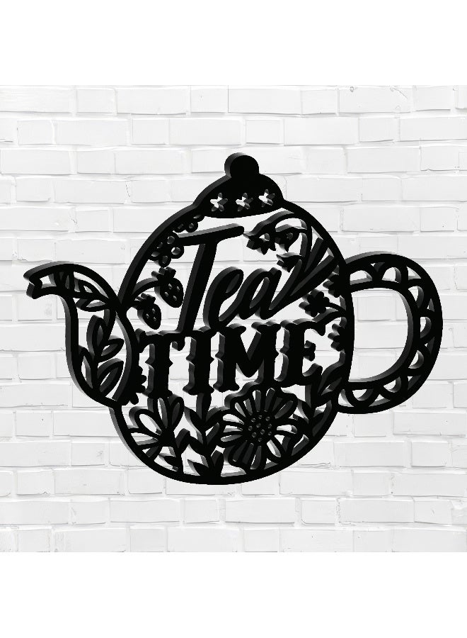 ديكور جداري خشبي عالي الجودة للمطبخ فن جداري للمطبخ بكلمة "Tea Time" مصنوع من خشب MDF الإسباني، باللون الأسود، بسماكة 6 ملم. يتميز بتصميم ثلاثي الأبعاد عصري وأنيق، مزوّد بشريط لاصق مزدوج الوجه لسهولة التركيب. جاهز للتثبيت فورًا ويمنح مطبخك لمسة فنية راقية - Image 1