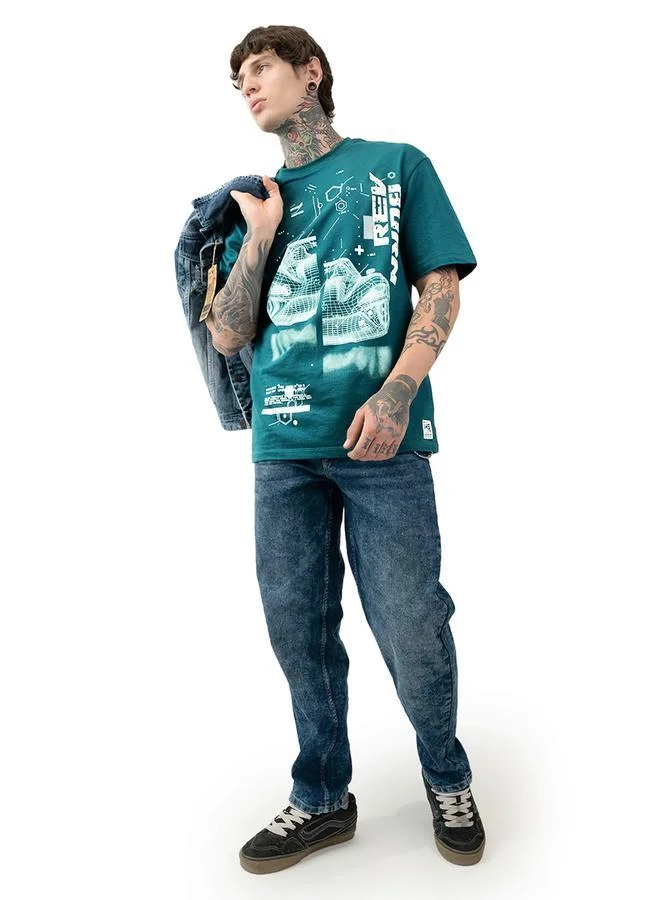 هاي ستار تي شيرت قطن مطبوع برسومات موتو ريسر بياقة دائرية وأكمام قصيرة بقصة مريحة