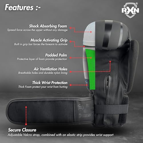 RXN R1 Boxing Gloves with Microfiber Thumb, Premium, High-Performance & Durable for Men, Women & Kids, Training, Kickboxing, Taekwondo, MMA, Muay Thai & Martial Arts (Black, 14oz) - Image 5