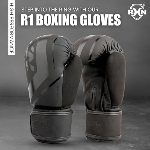 RXN R1 Boxing Gloves with Microfiber Thumb, Premium, High-Performance & Durable for Men, Women & Kids, Training, Kickboxing, Taekwondo, MMA, Muay Thai & Martial Arts (Black, 14oz) - Image 2