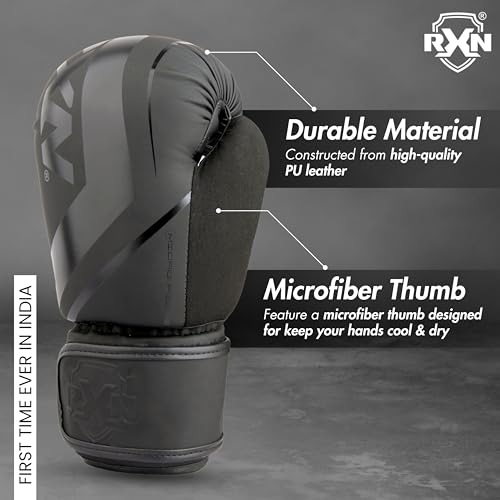 RXN R1 Boxing Gloves with Microfiber Thumb, Premium, High-Performance & Durable for Men, Women & Kids, Training, Kickboxing, Taekwondo, MMA, Muay Thai & Martial Arts (Black, 14oz) - Image 4