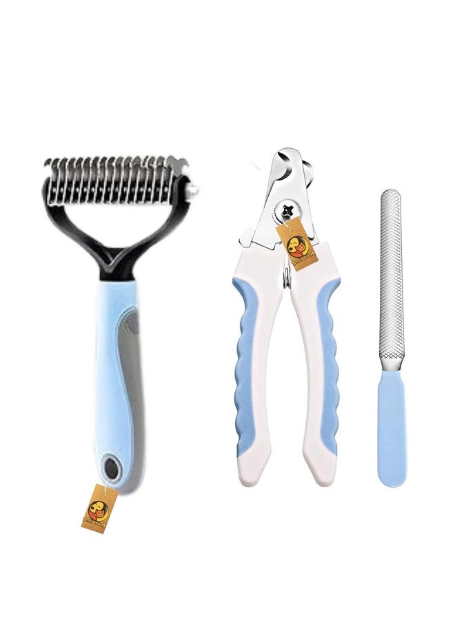 Pet Grooming Tool Combo Of Double Sided Brush And Nail Clipper With Filer (Hair Rake Comb And Nail Cutter) For Dogs, Puppies, Cats, And Kittens (Blue Rake Large + Nail Clipper) - Image 1