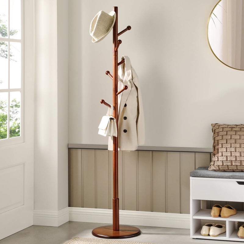 VASAGLE Solid Wood Coat Rack, Free Standing Hall Coat Tree with 7 Hooks, 3 Height Options, for Coats, Hats, Bags, Purses, for Entryway, Hallway, Rubberwood Hooks and Pole, Dark Walnut URCR07WN - Image 2