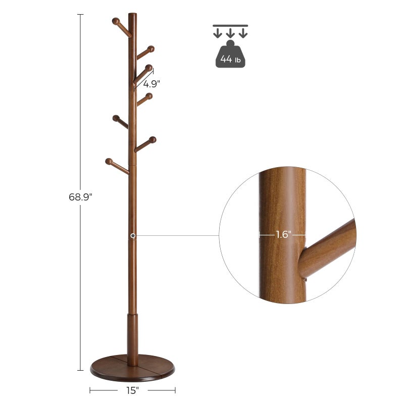 VASAGLE Solid Wood Coat Rack, Free Standing Hall Coat Tree with 7 Hooks, 3 Height Options, for Coats, Hats, Bags, Purses, for Entryway, Hallway, Rubberwood Hooks and Pole, Dark Walnut URCR07WN - Image 4