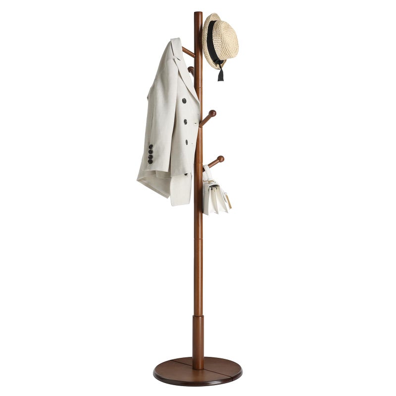 VASAGLE Solid Wood Coat Rack, Free Standing Hall Coat Tree with 7 Hooks, 3 Height Options, for Coats, Hats, Bags, Purses, for Entryway, Hallway, Rubberwood Hooks and Pole, Dark Walnut URCR07WN - Image 1