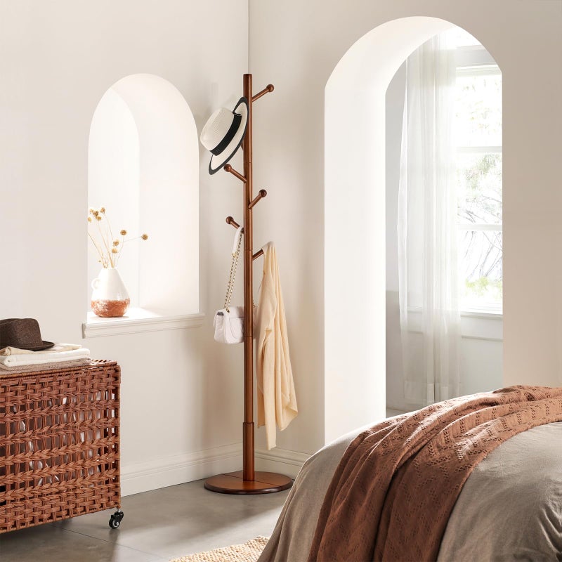 VASAGLE Solid Wood Coat Rack, Free Standing Hall Coat Tree with 7 Hooks, 3 Height Options, for Coats, Hats, Bags, Purses, for Entryway, Hallway, Rubberwood Hooks and Pole, Dark Walnut URCR07WN - Image 3