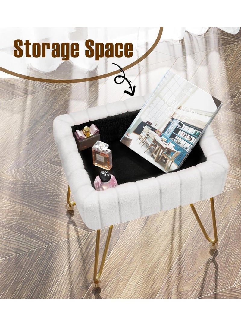 كرسي تزيين فاخر أبيض ثلجي - كرسي مكياج من الفرو الصناعي الفاخر مع تخزين سري وأرجل معدنية مضادة للانزلاق، أُوتومان ناعم لديكور غرفة النوم (هدية مثالية للنساء) - Image 5
