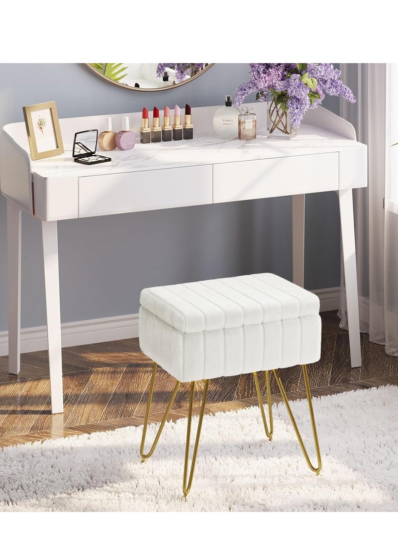 كرسي تزيين فاخر أبيض ثلجي - كرسي مكياج من الفرو الصناعي الفاخر مع تخزين سري وأرجل معدنية مضادة للانزلاق، أُوتومان ناعم لديكور غرفة النوم (هدية مثالية للنساء) - Image 1