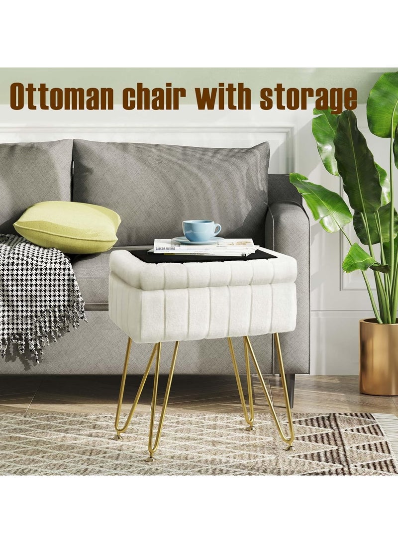 كرسي تزيين فاخر أبيض ثلجي - كرسي مكياج من الفرو الصناعي الفاخر مع تخزين سري وأرجل معدنية مضادة للانزلاق، أُوتومان ناعم لديكور غرفة النوم (هدية مثالية للنساء) - Image 4