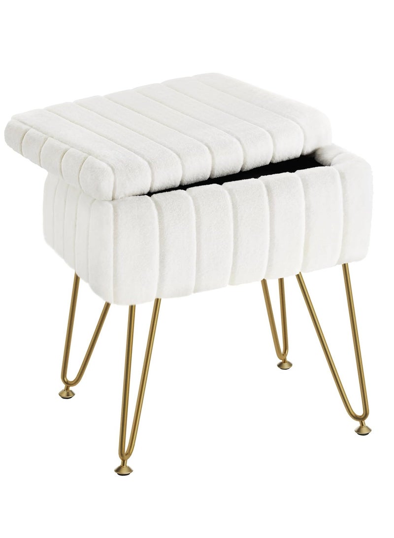 كرسي تزيين فاخر أبيض ثلجي - كرسي مكياج من الفرو الصناعي الفاخر مع تخزين سري وأرجل معدنية مضادة للانزلاق، أُوتومان ناعم لديكور غرفة النوم (هدية مثالية للنساء) - Image 3