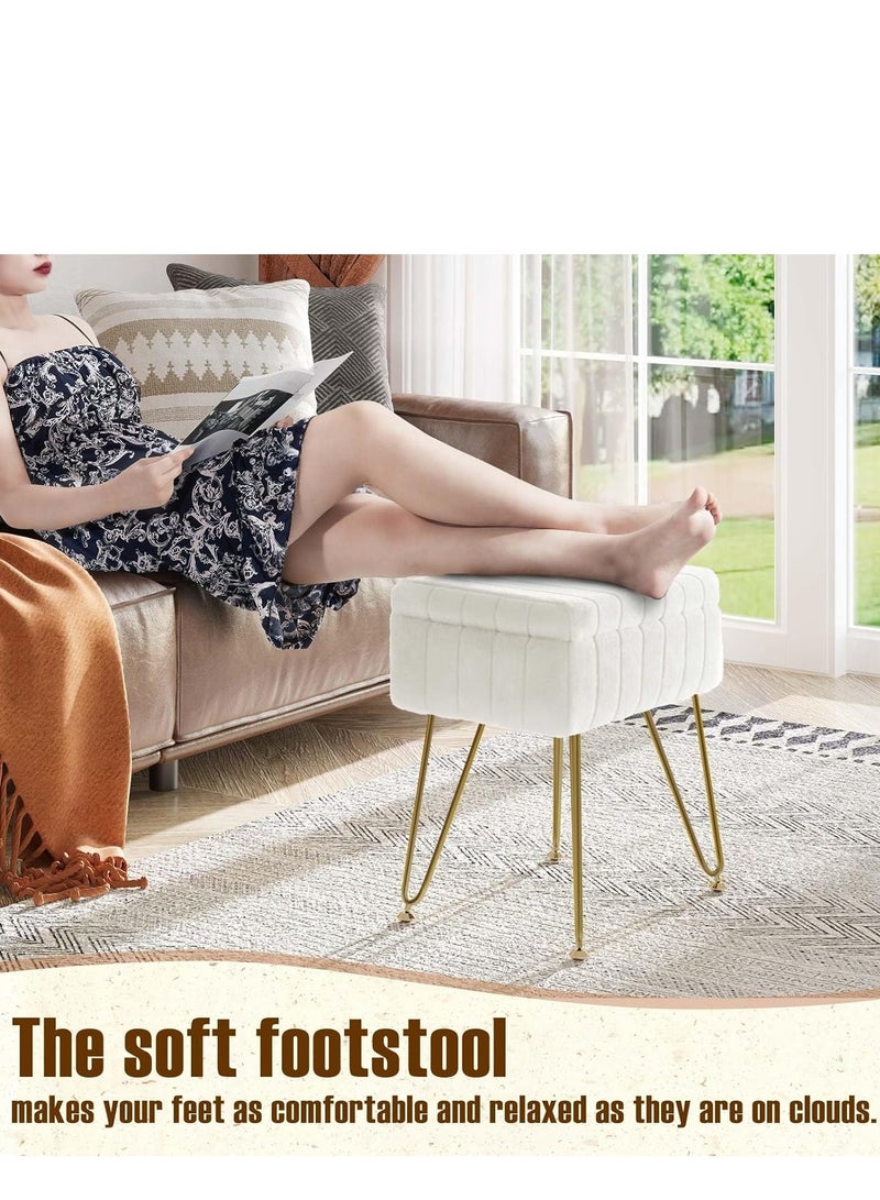 كرسي تزيين فاخر أبيض ثلجي - كرسي مكياج من الفرو الصناعي الفاخر مع تخزين سري وأرجل معدنية مضادة للانزلاق، أُوتومان ناعم لديكور غرفة النوم (هدية مثالية للنساء) - Image 3