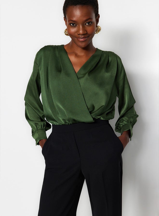 trendyol Khaki Satin Fabric Double Breasted Collar Woven Body with Snap Detail at the Hem TOFAW19BB0678 - Image 1