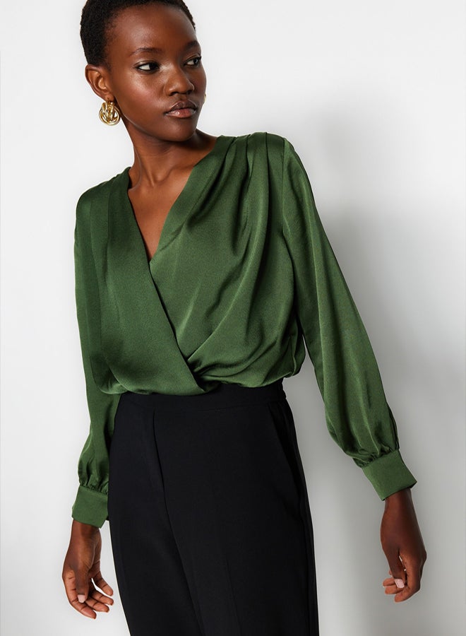 trendyol Khaki Satin Fabric Double Breasted Collar Woven Body with Snap Detail at the Hem TOFAW19BB0678 - Image 2