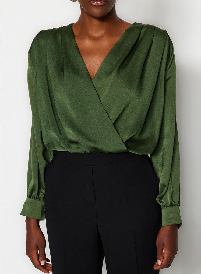 trendyol Khaki Satin Fabric Double Breasted Collar Woven Body with Snap Detail at the Hem TOFAW19BB0678 - Image 4