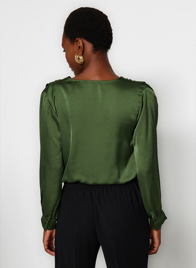 trendyol Khaki Satin Fabric Double Breasted Collar Woven Body with Snap Detail at the Hem TOFAW19BB0678 - Image 5