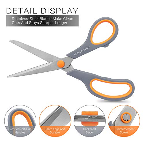 Hutou Scissors 8" Multipurpose Titanium Coated Sturdy Sharp Scissors Right/Left Handed Comfort-Grip Handles for Office Home School Sewing Fabric Craft Supplies Gray - Image 3